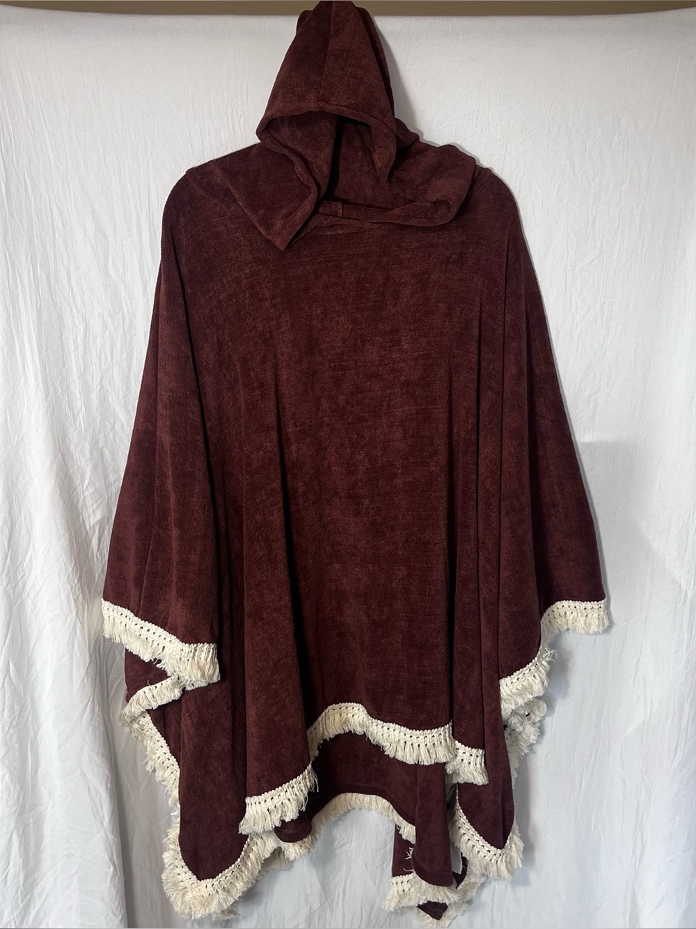 Vintage Style Hooded Blanket Poncho Goblincore Witchy Velvet Fringe Shawl Wrap